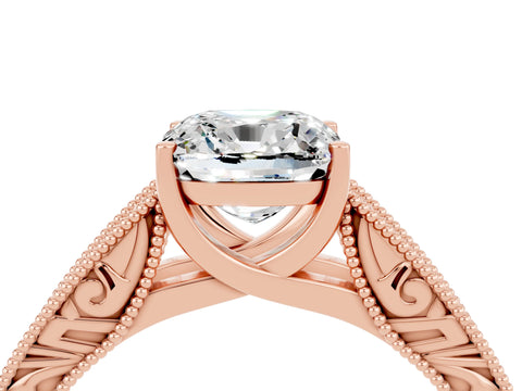 Rose gold Cushion Cut Moissanite Solitaire Ring with Engraved Band and Four-Prong Setting_4