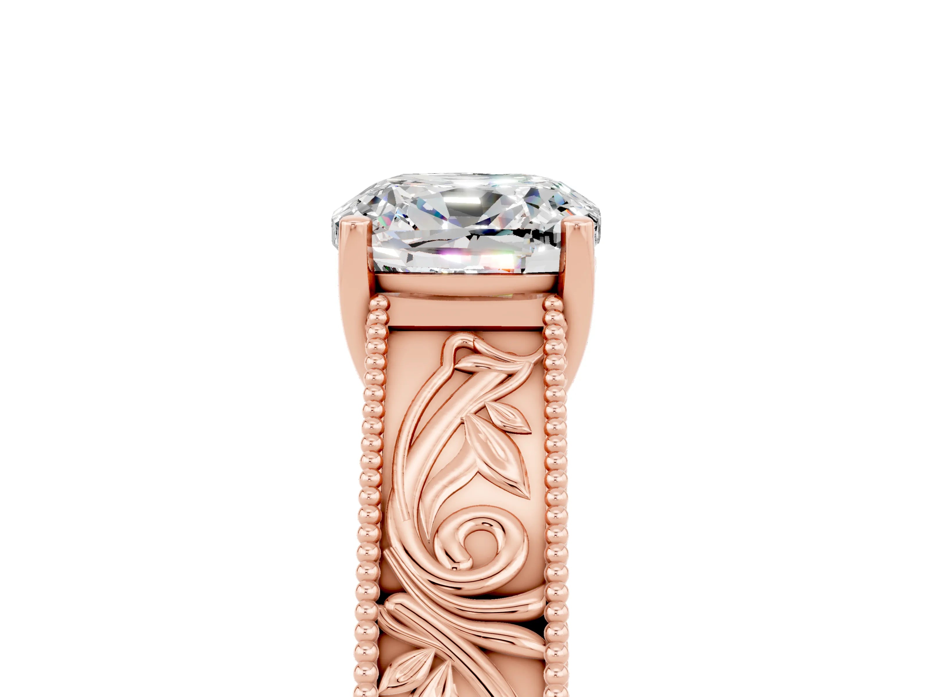 Rose gold Cushion Cut Moissanite Solitaire Ring with Engraved Band and Four-Prong Setting_5