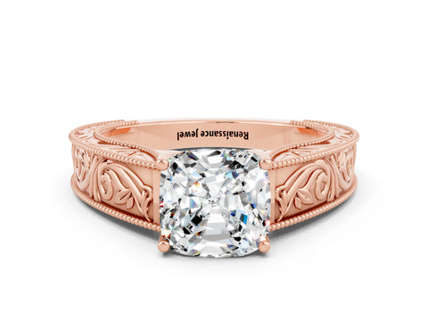 Rose gold Cushion Cut Moissanite Solitaire Ring with Engraved Band and Four-Prong Setting