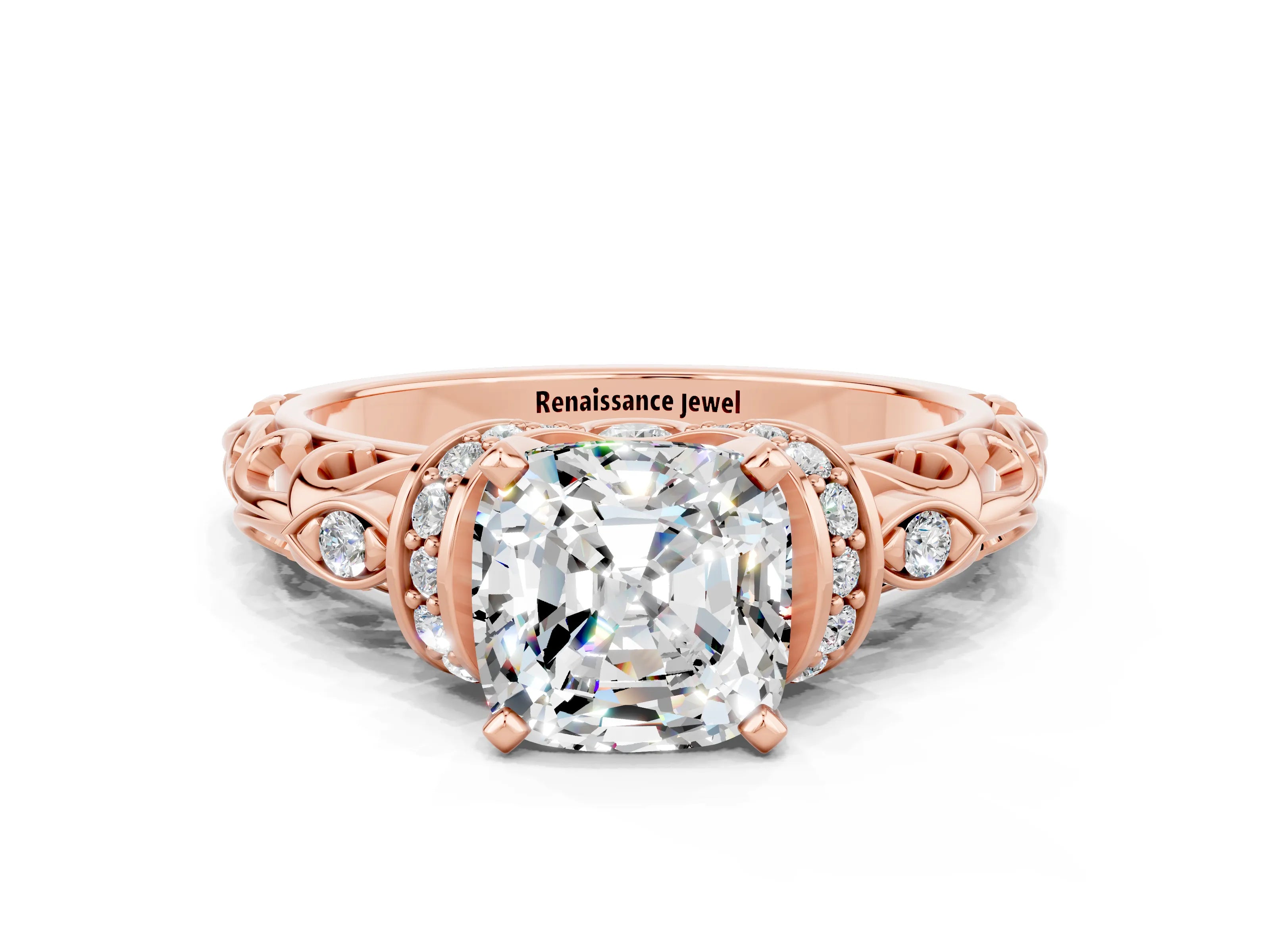 Rose gold Cushion Cut Moissanite Solitaire Ring with Filigree Band and Four-Prong Setting_24