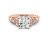 Rose gold Cushion Cut Moissanite Solitaire Ring with Filigree Band and Four-Prong Setting_24