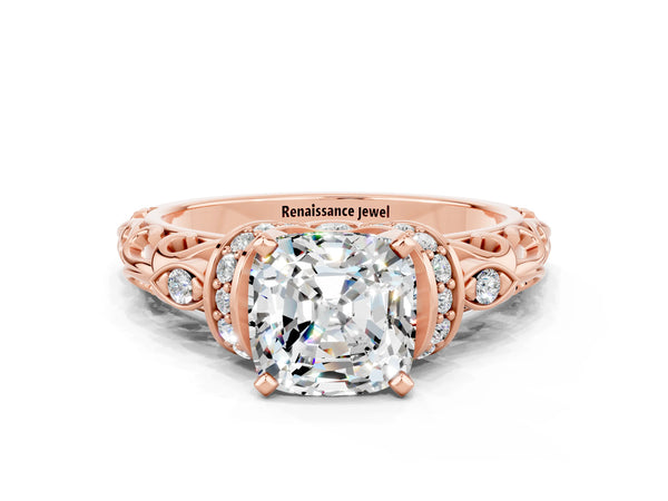 Rose gold Cushion Cut Moissanite Solitaire Ring with Filigree Band and Four-Prong Setting