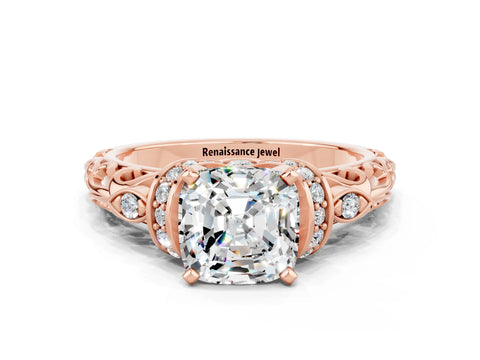 Rose gold Cushion Cut Moissanite Solitaire Ring with Filigree Band and Four-Prong Setting_24