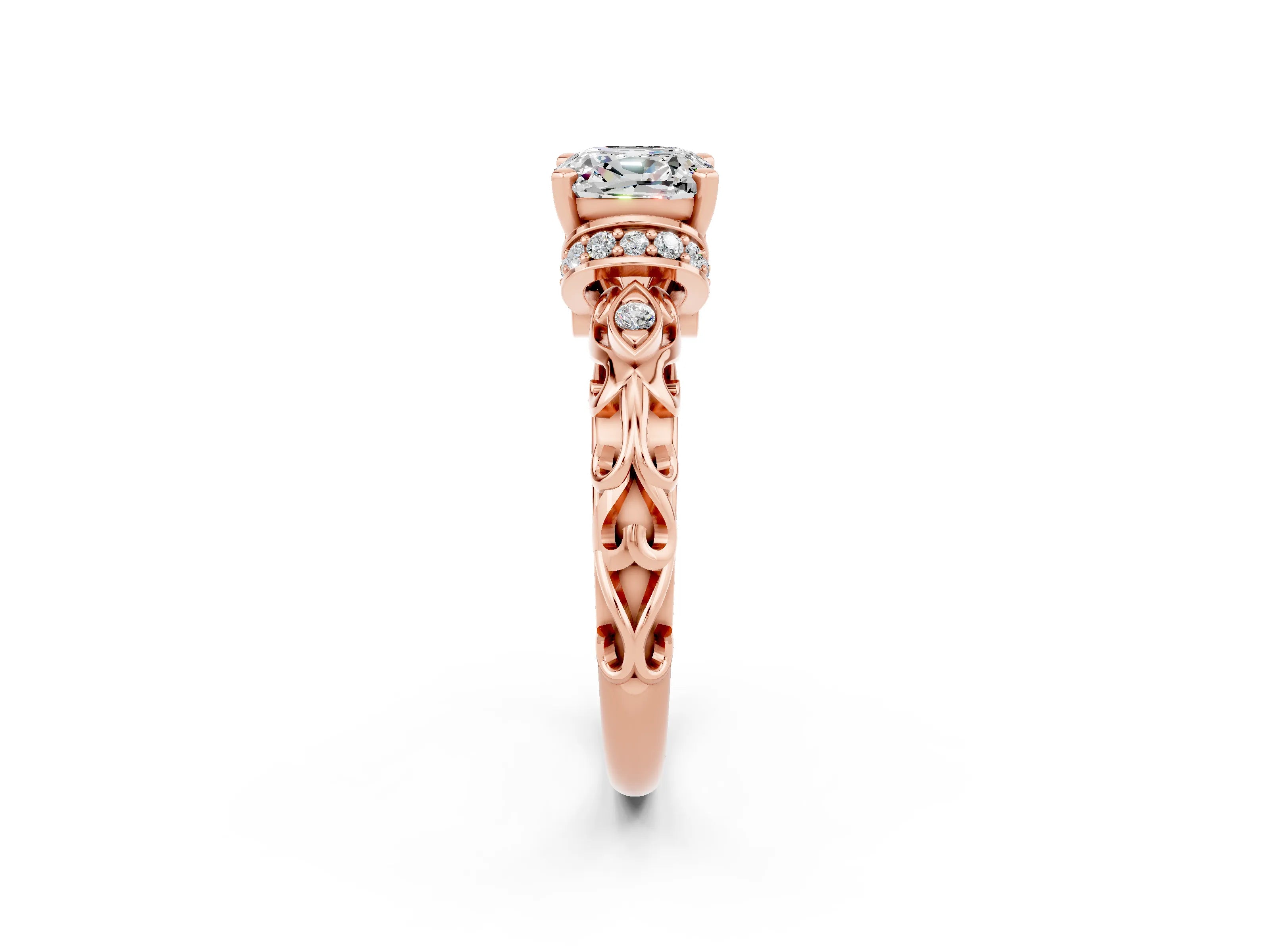 Rose gold Cushion Cut Moissanite Solitaire Ring with Filigree Band and Four-Prong Setting_26