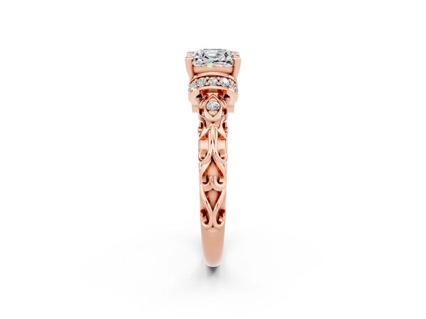 Rose gold Cushion Cut Moissanite Solitaire Ring with Filigree Band and Four-Prong Setting