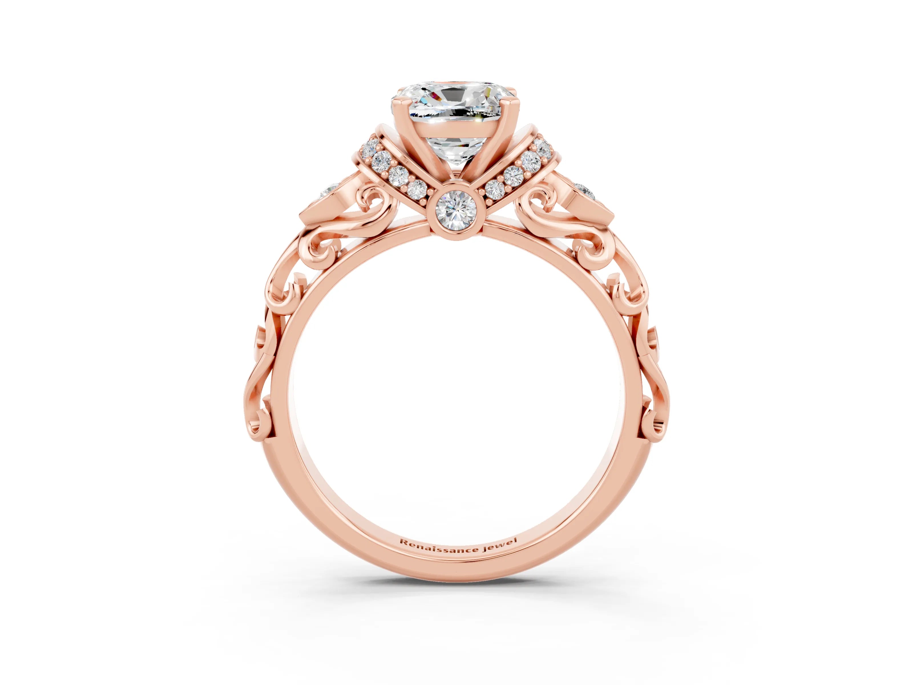 Rose gold Cushion Cut Moissanite Solitaire Ring with Filigree Band and Four-Prong Setting_27