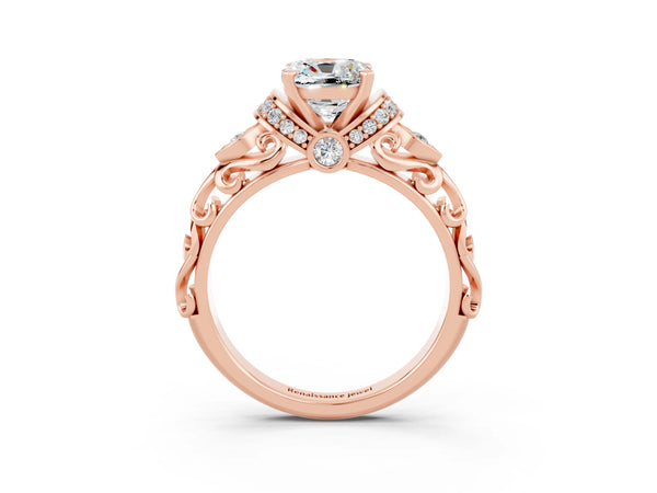 Rose gold Cushion Cut Moissanite Solitaire Ring with Filigree Band and Four-Prong Setting