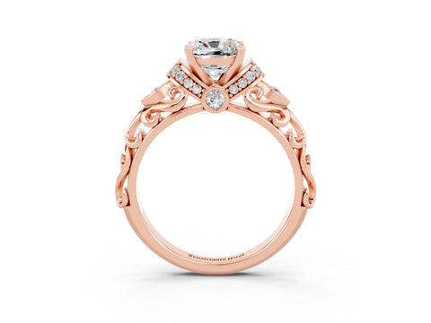 Rose gold Cushion Cut Moissanite Solitaire Ring with Filigree Band and Four-Prong Setting_27