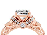 Rose gold Cushion Cut Moissanite Solitaire Ring with Filigree Band and Four-Prong Setting_28