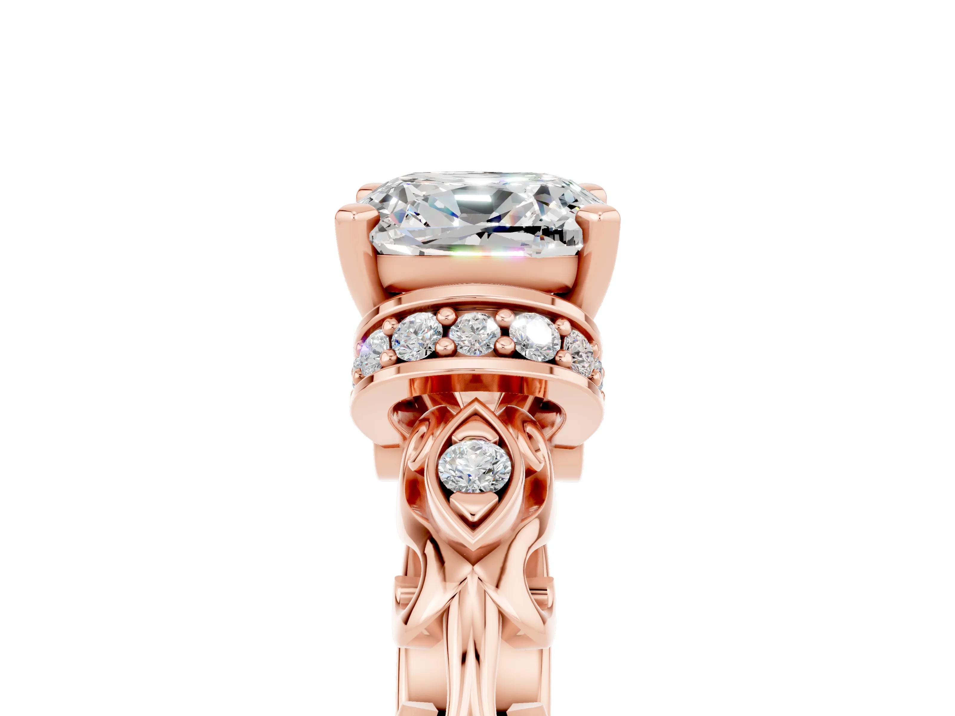 Rose gold Cushion Cut Moissanite Solitaire Ring with Filigree Band and Four-Prong Setting_29