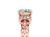Rose gold Cushion Cut Moissanite Solitaire Ring with Filigree Band and Four-Prong Setting_29