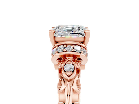 Rose gold Cushion Cut Moissanite Solitaire Ring with Filigree Band and Four-Prong Setting_29