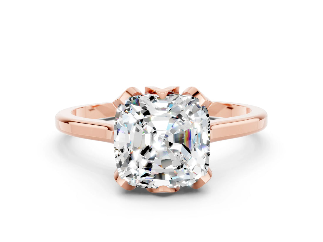 Rose gold Cushion Cut Moissanite Solitaire Ring with Flower Prong Setting and Classic Band_12