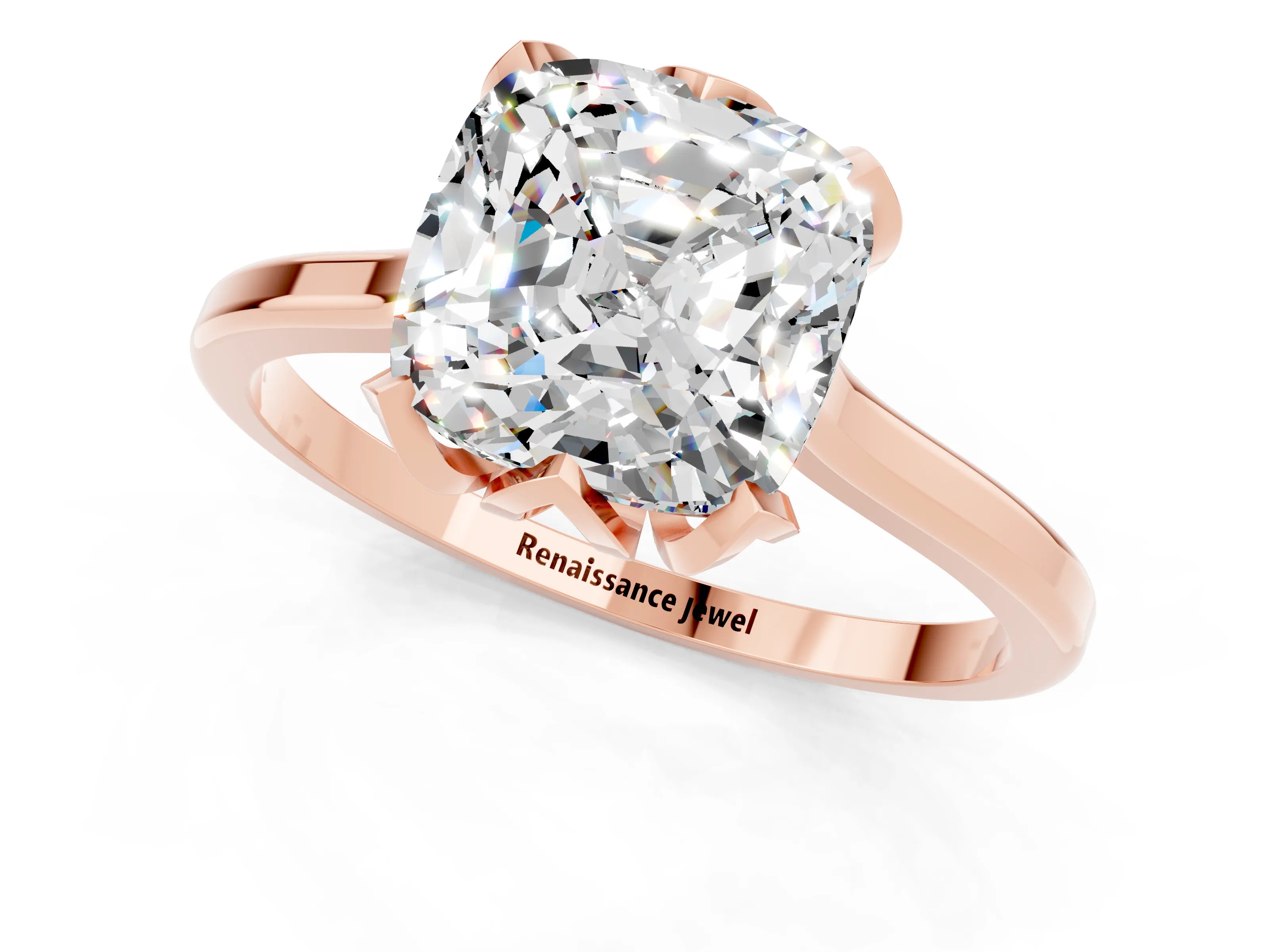 Rose gold Cushion Cut Moissanite Solitaire Ring with Flower Prong Setting and Classic Band_13