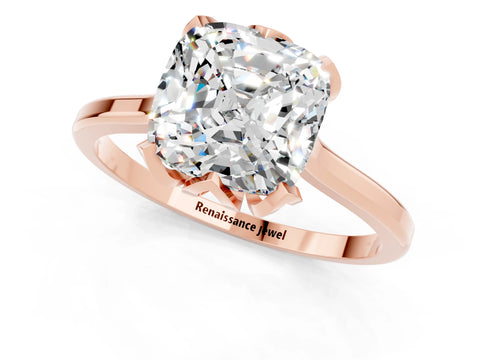 Rose gold Cushion Cut Moissanite Solitaire Ring with Flower Prong Setting and Classic Band_13