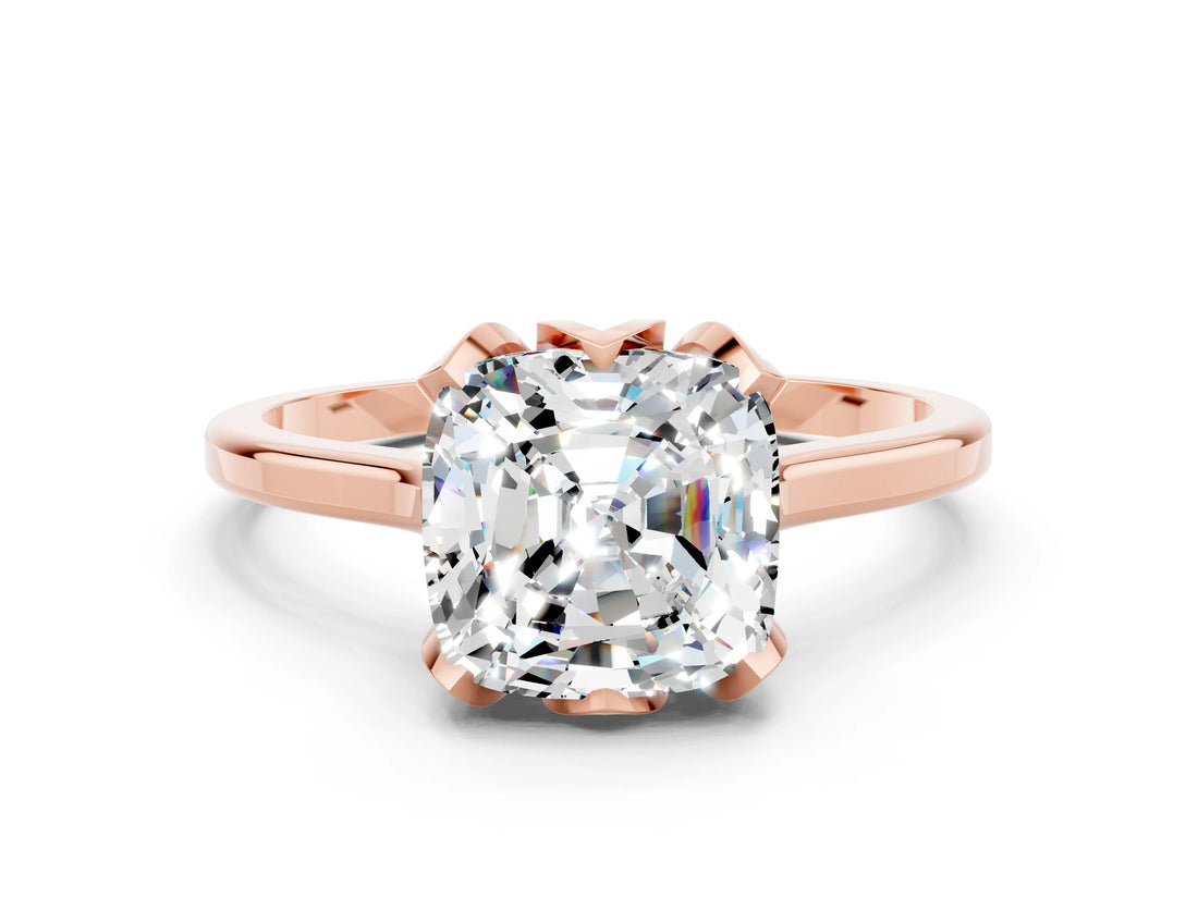 Rose gold Cushion Cut Moissanite Solitaire Ring with Flower Prong Setting and Classic Band_36