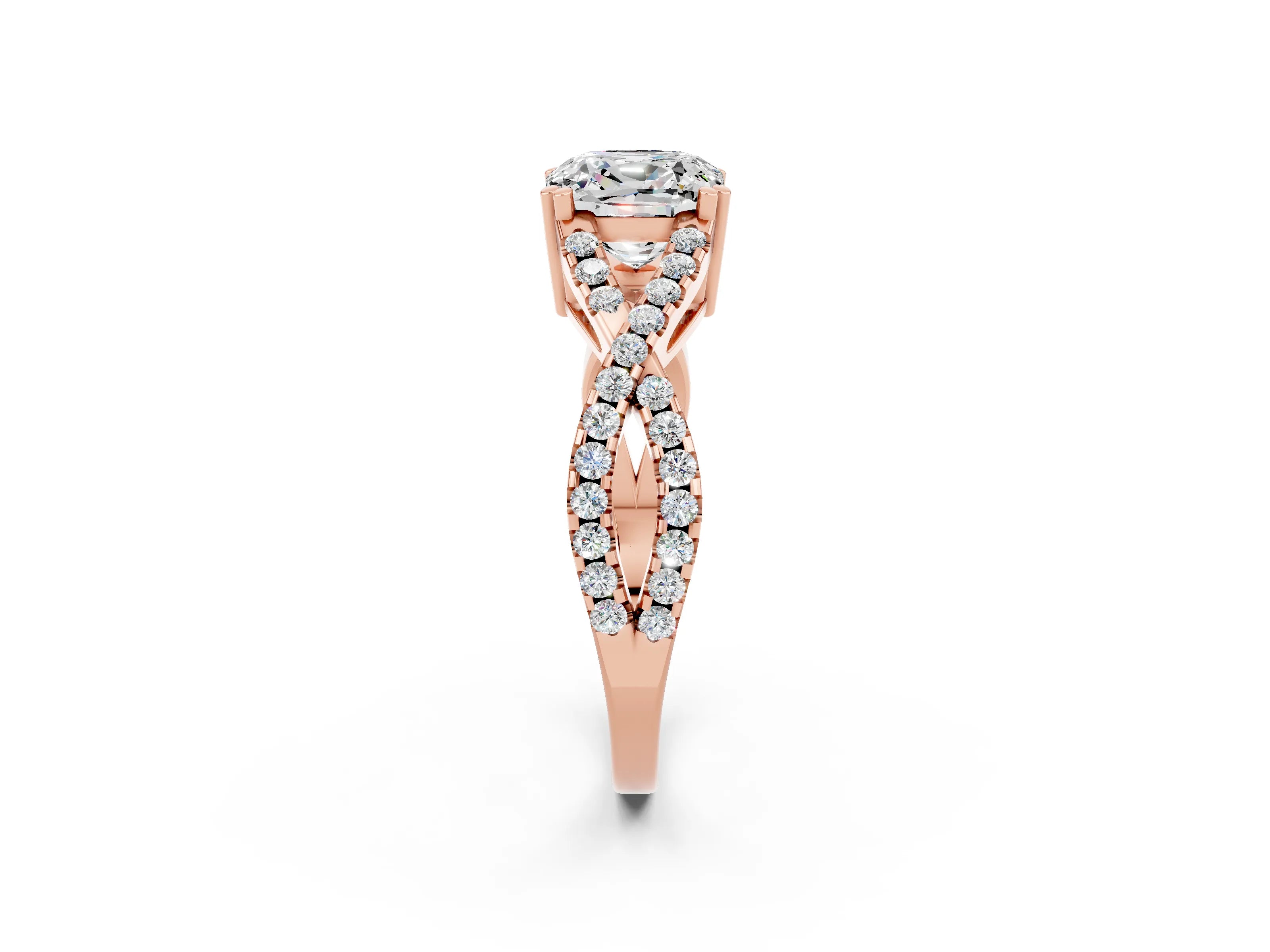 Rose gold Cushion Cut Moissanite Solitaire Ring with Four-Prong Setting and Twisted Pavé Band_2