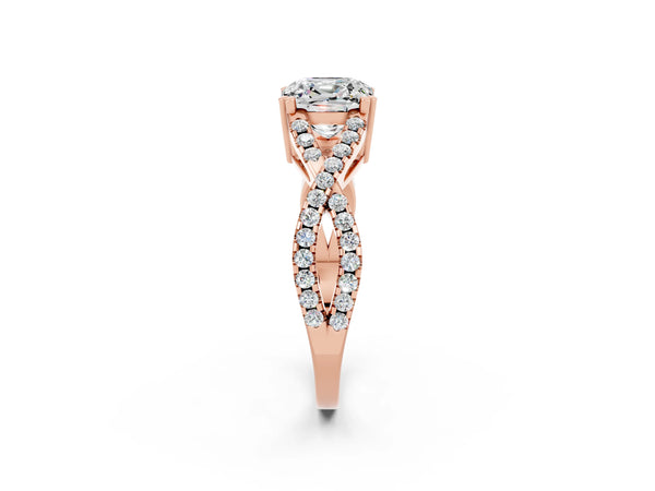 Rose gold Cushion Cut Moissanite Solitaire Ring with Four-Prong Setting and Twisted Pavé Band