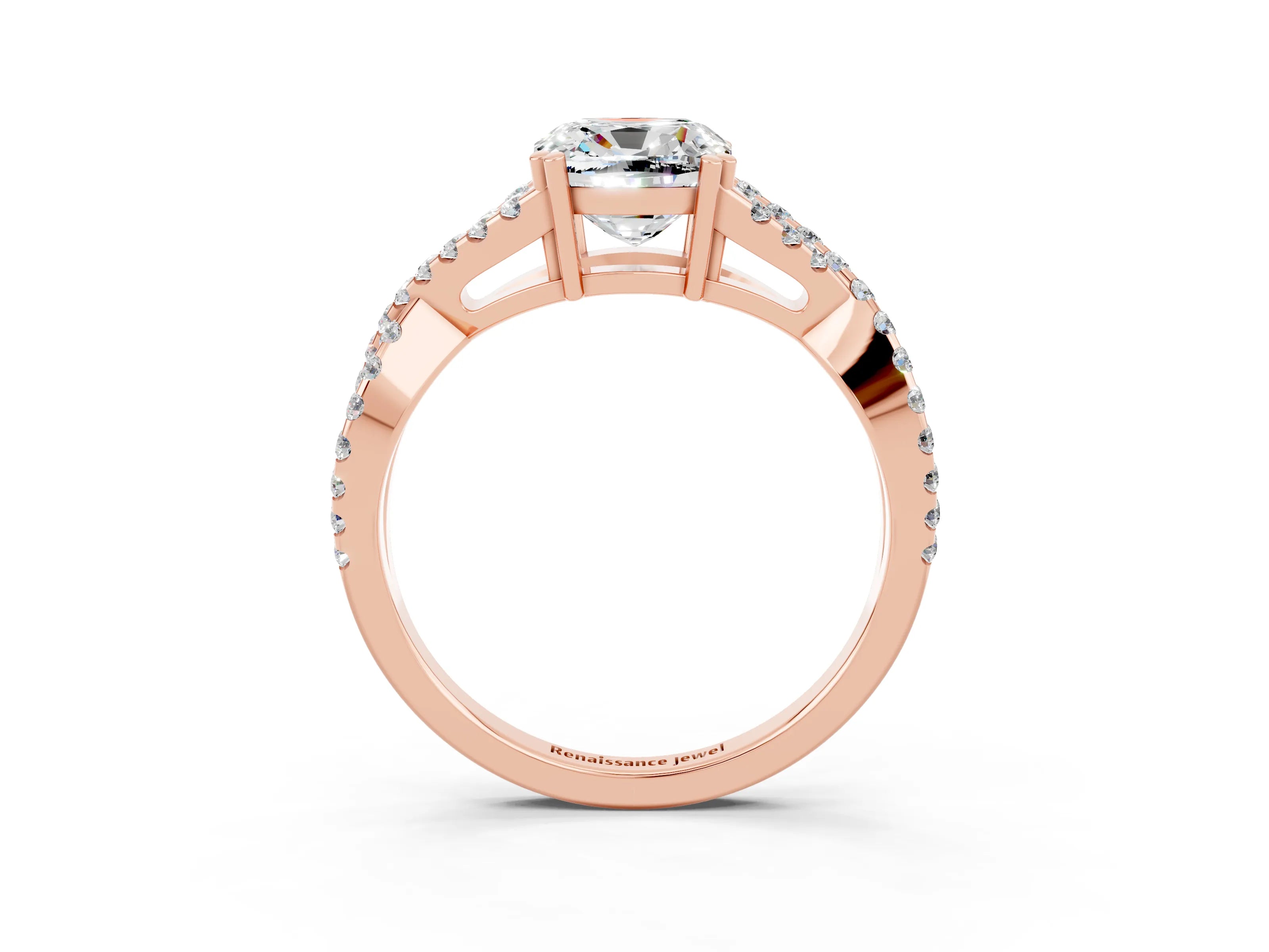 Rose gold Cushion Cut Moissanite Solitaire Ring with Four-Prong Setting and Twisted Pavé Band_3