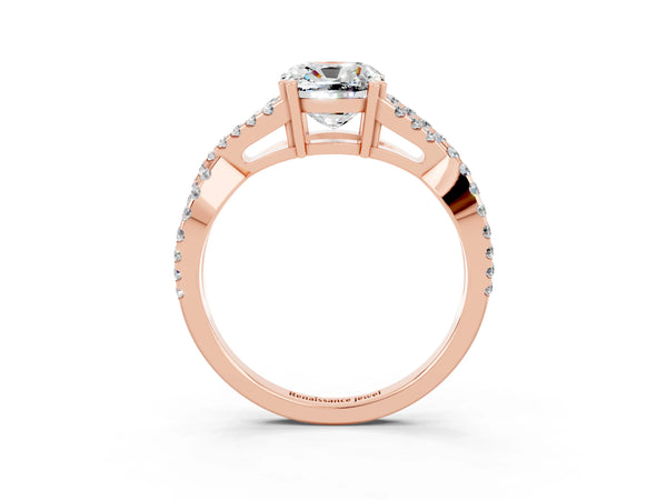 Rose gold Cushion Cut Moissanite Solitaire Ring with Four-Prong Setting and Twisted Pavé Band