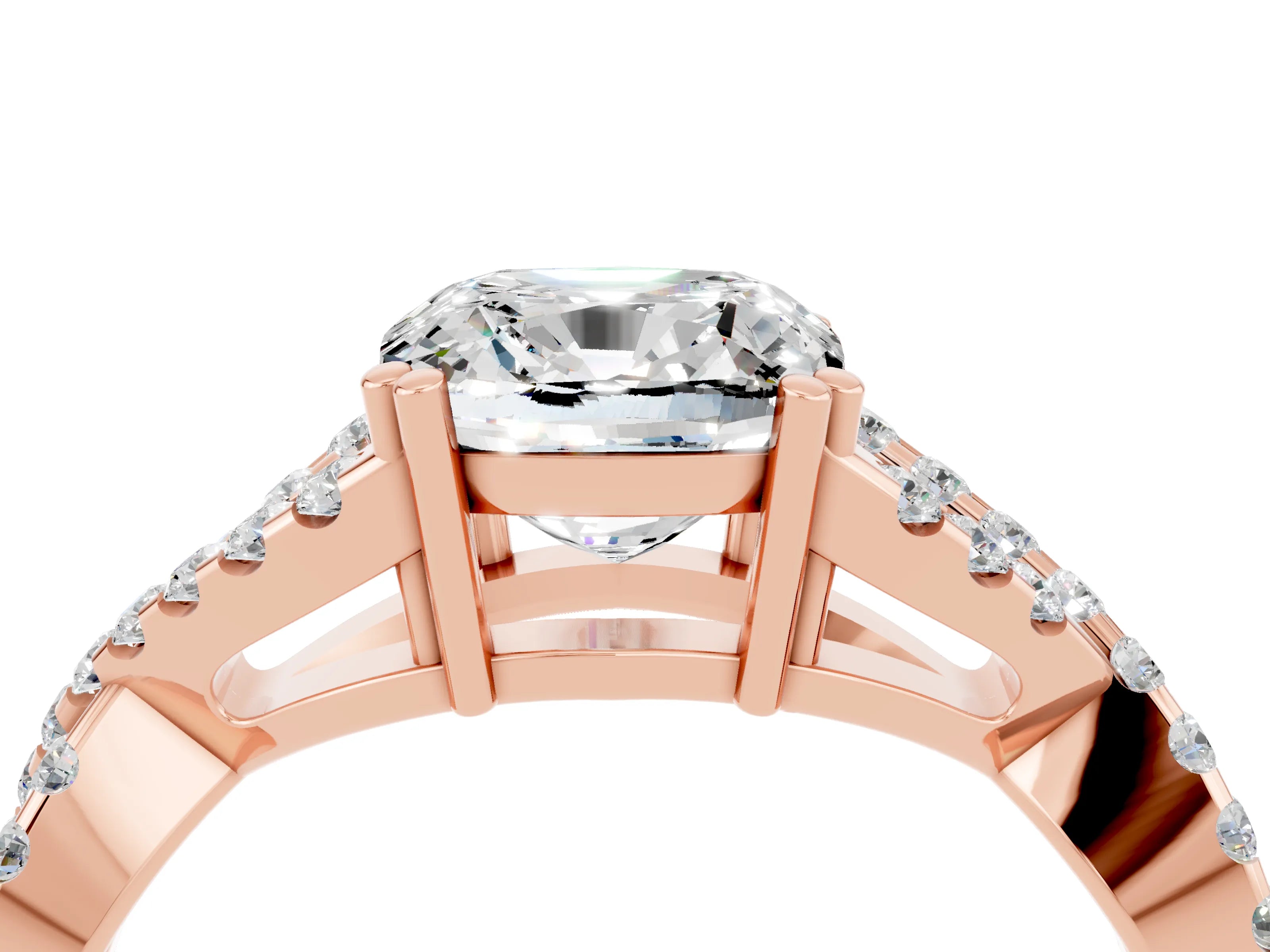 Rose gold Cushion Cut Moissanite Solitaire Ring with Four-Prong Setting and Twisted Pavé Band_4