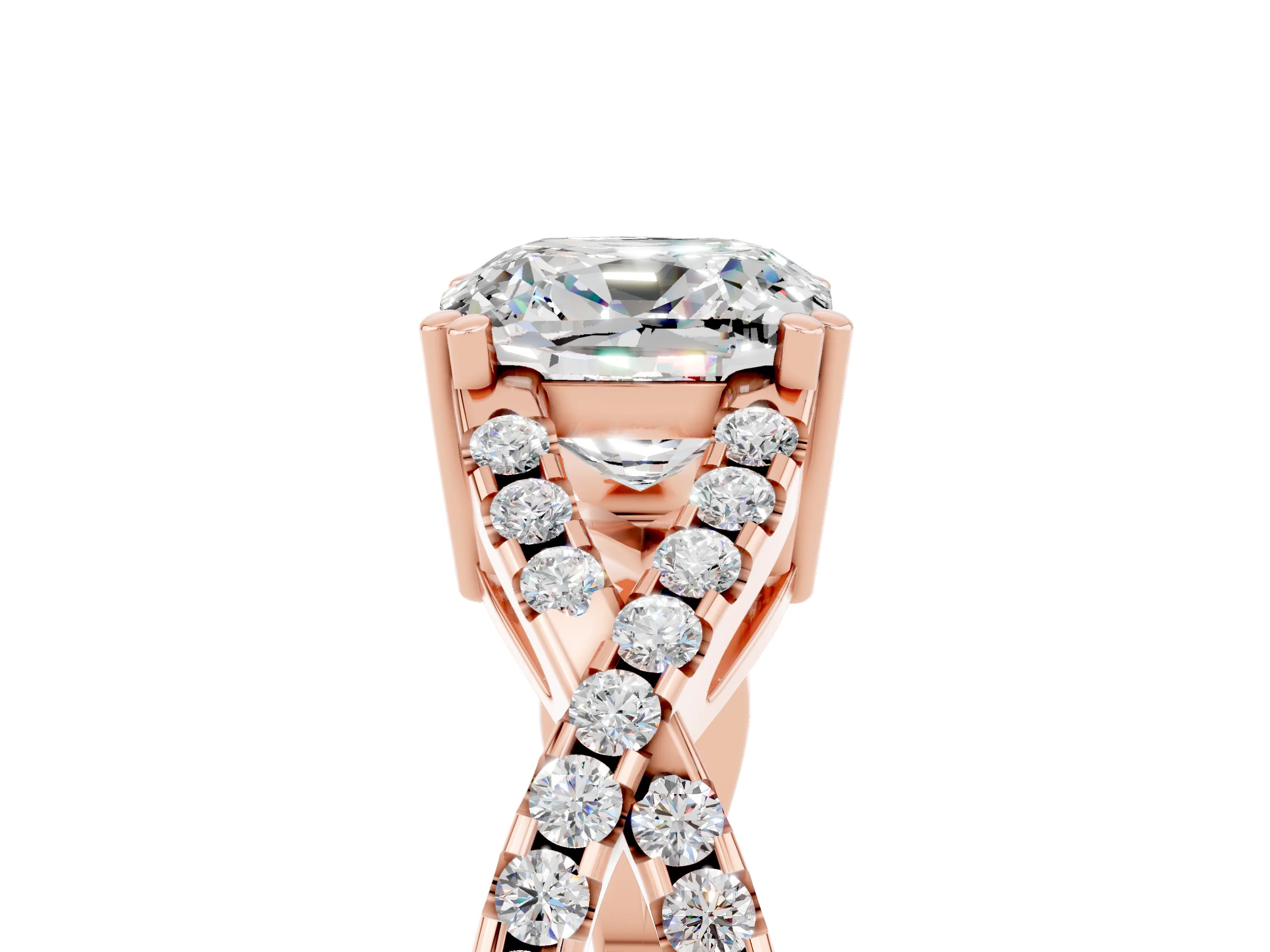 Rose gold Cushion Cut Moissanite Solitaire Ring with Four-Prong Setting and Twisted Pavé Band_5