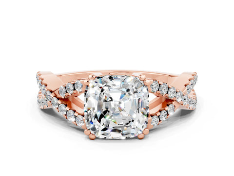 Rose gold Cushion Cut Moissanite Solitaire Ring with Four-Prong Setting and Twisted Pavé Band