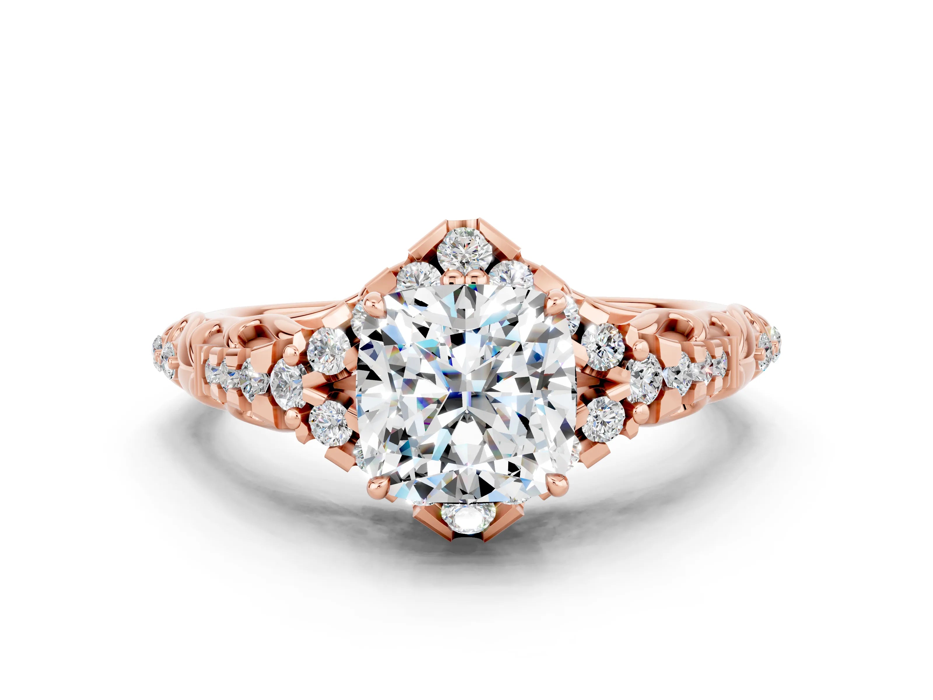 Rose gold Cushion Cut Moissanite Solitaire Ring with Hidden Halo and Pavé Band_12