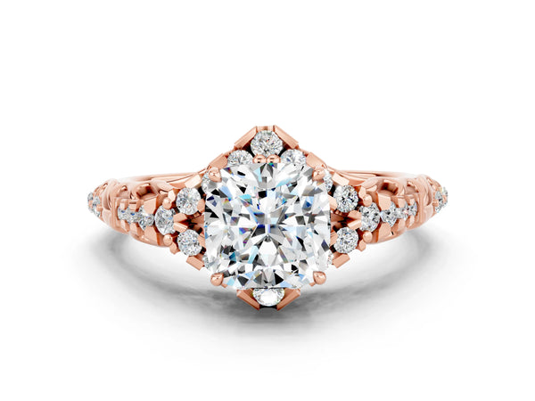 Rose gold Cushion Cut Moissanite Solitaire Ring with Hidden Halo and Pavé Band