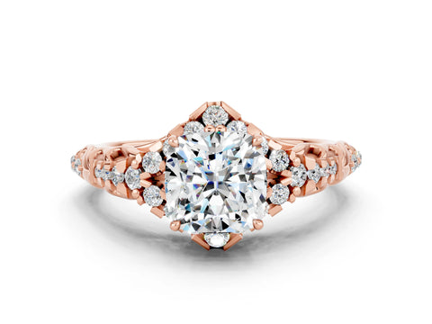 Rose gold Cushion Cut Moissanite Solitaire Ring with Hidden Halo and Pavé Band_12
