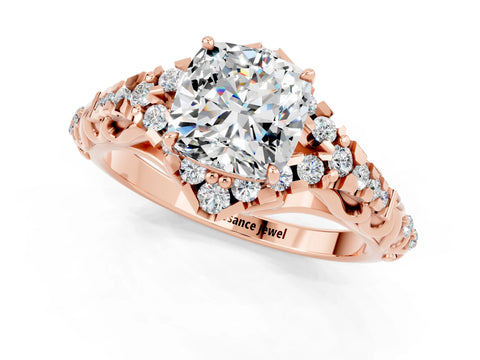 Rose gold Cushion Cut Moissanite Solitaire Ring with Hidden Halo and Pavé Band_13