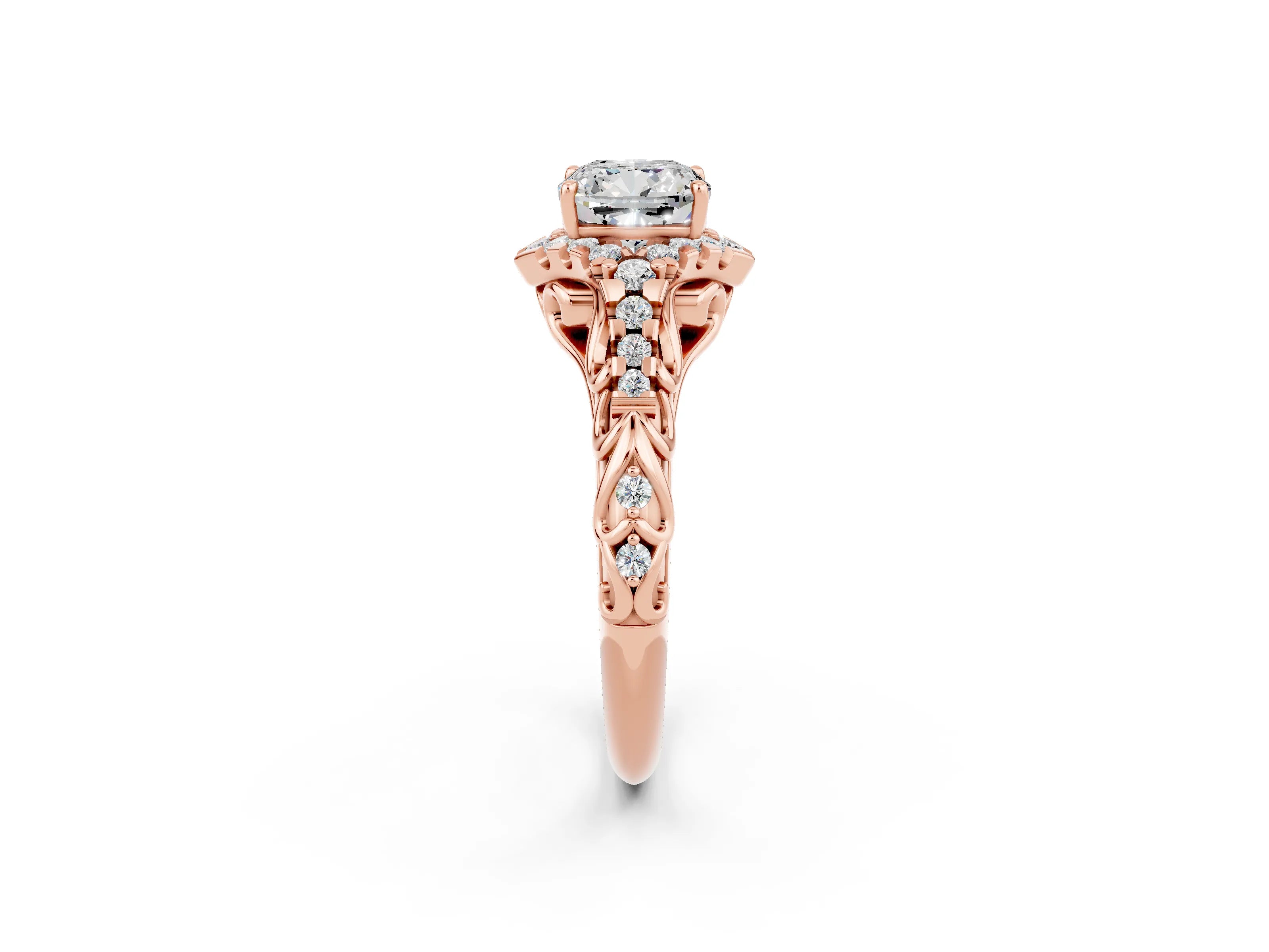 Rose gold Cushion Cut Moissanite Solitaire Ring with Hidden Halo and Pavé Band_14