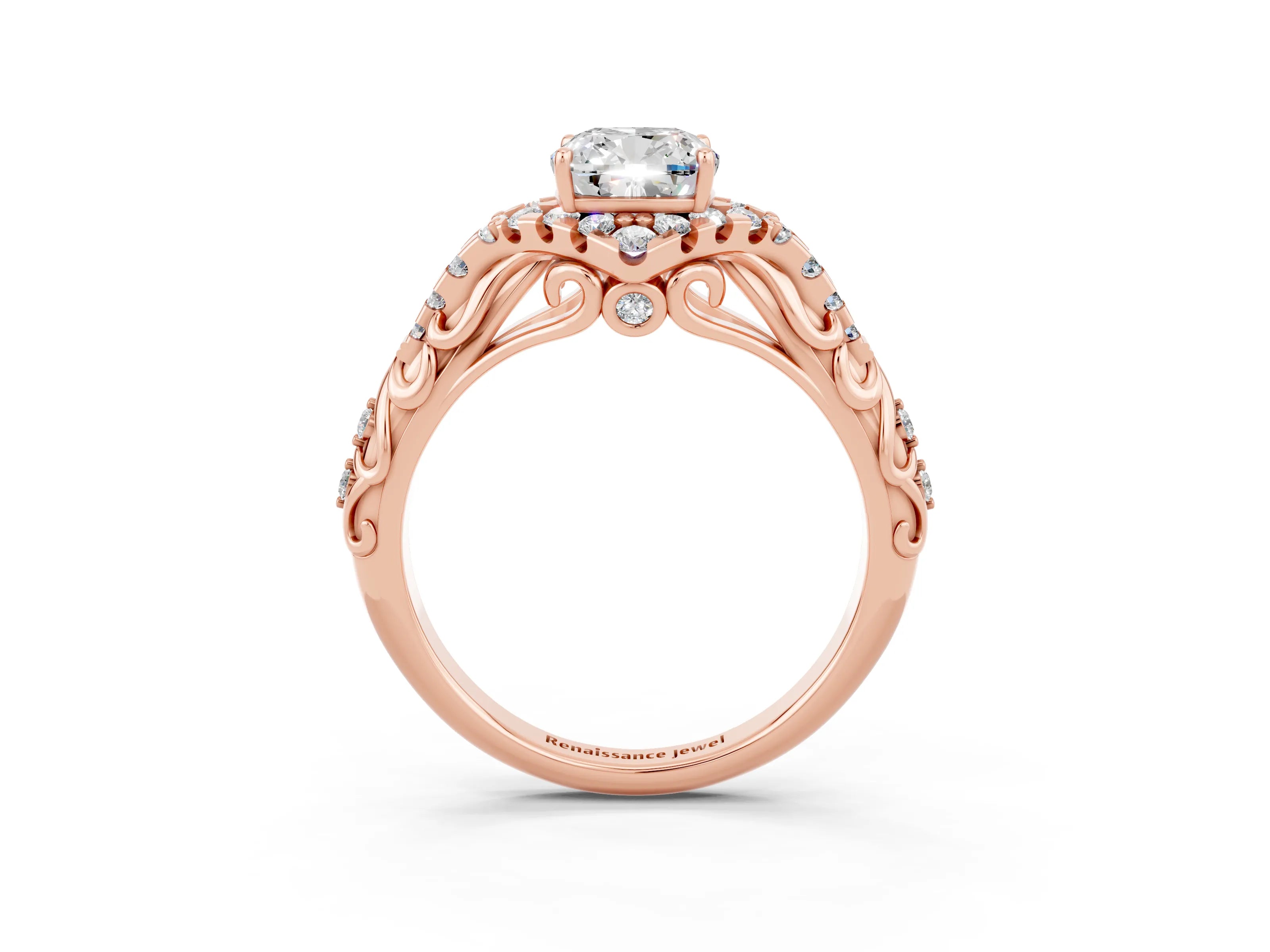 Rose gold Cushion Cut Moissanite Solitaire Ring with Hidden Halo and Pavé Band_15