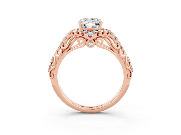 Rose gold Cushion Cut Moissanite Solitaire Ring with Hidden Halo and Pavé Band