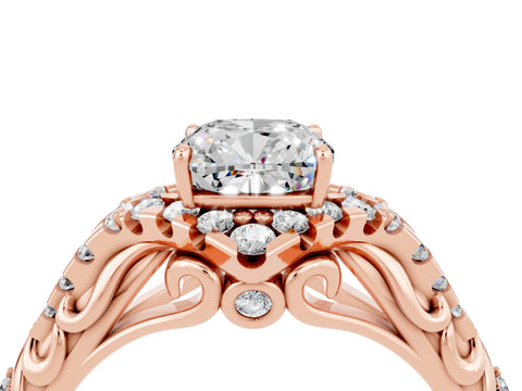 Rose gold Cushion Cut Moissanite Solitaire Ring with Hidden Halo and Pavé Band_16
