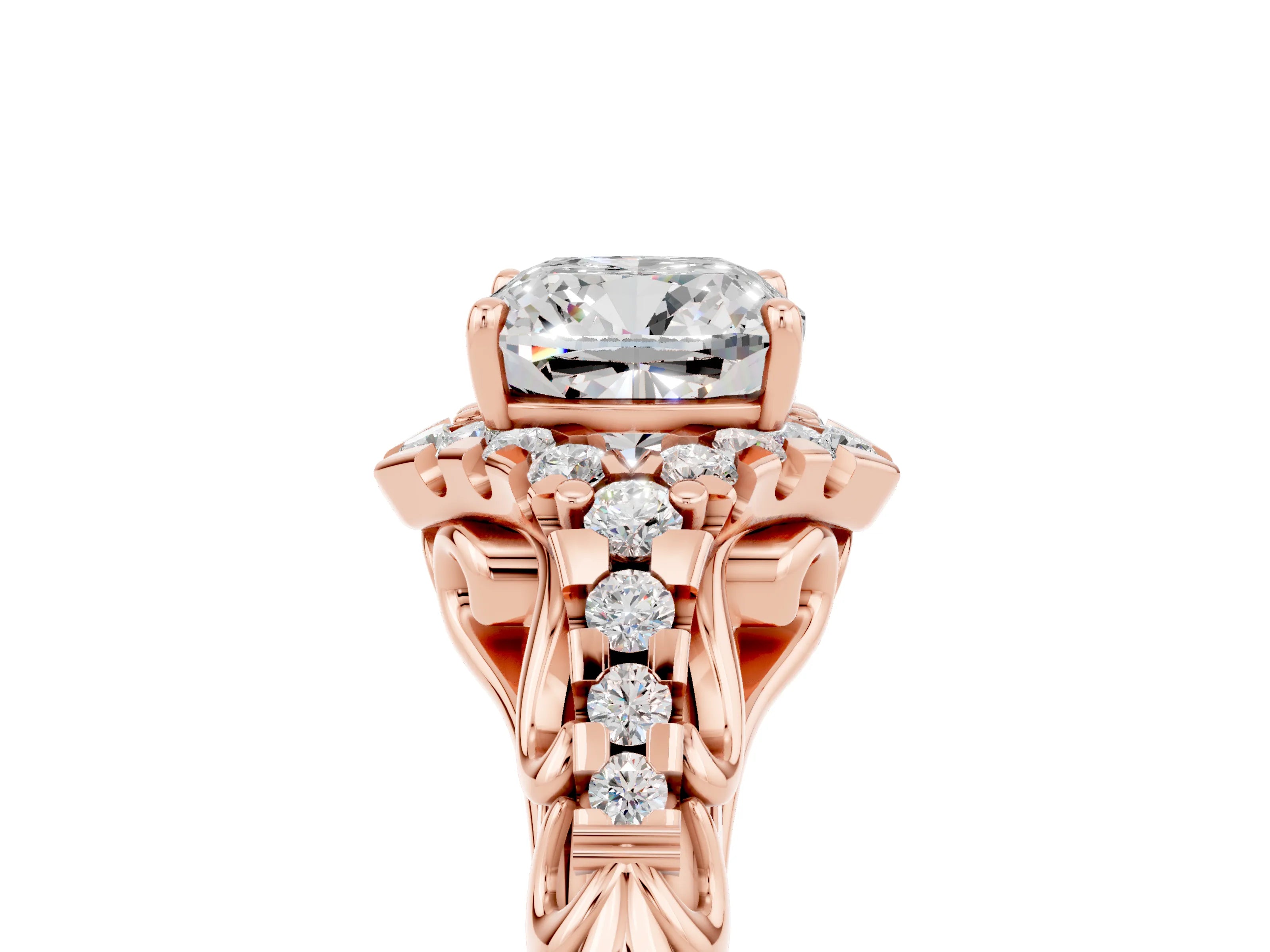 Rose gold Cushion Cut Moissanite Solitaire Ring with Hidden Halo and Pavé Band_17