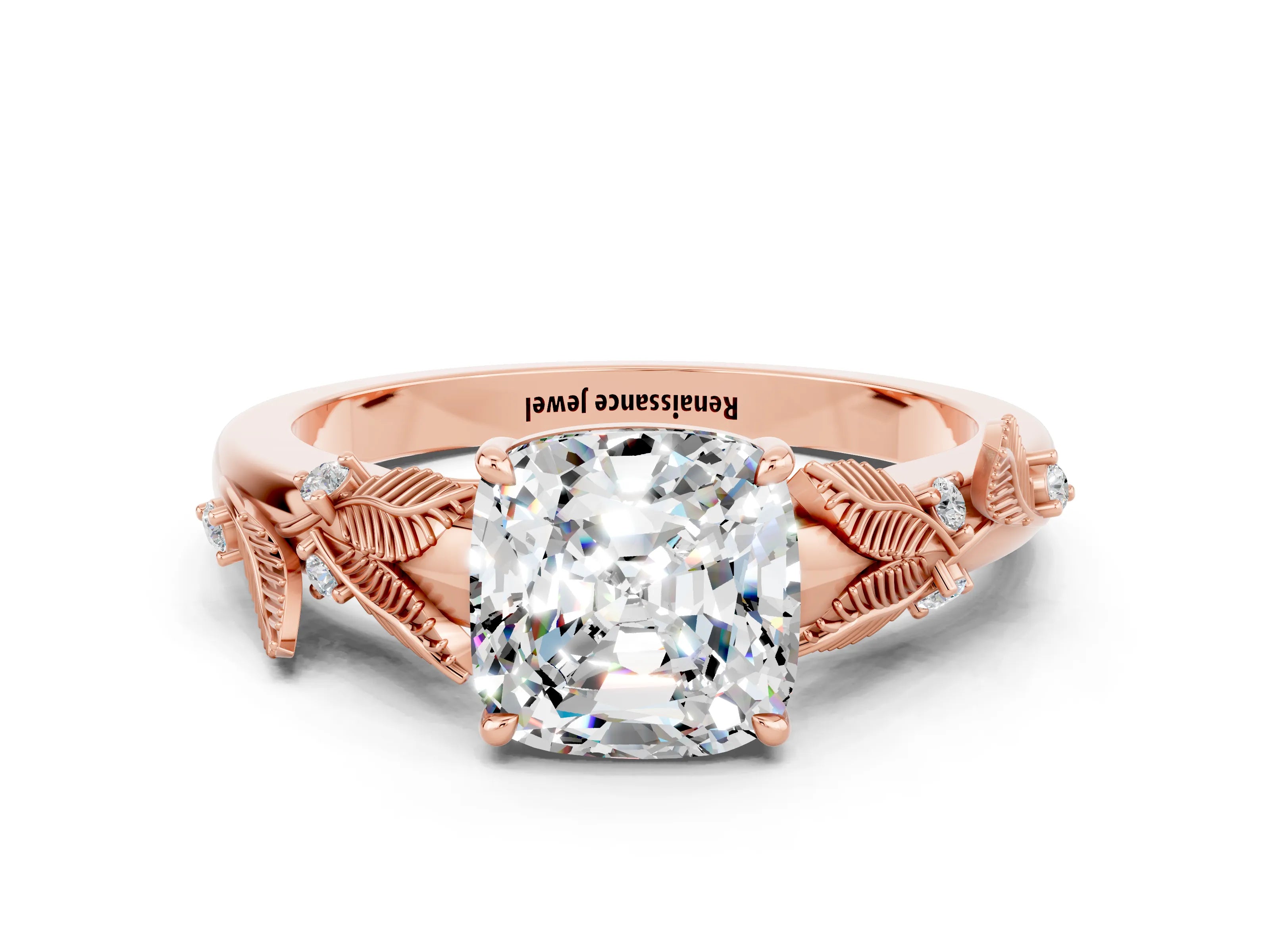 Rose gold Cushion Cut Moissanite Solitaire Ring with Leaf Motif Band and Four-Prong Setting
