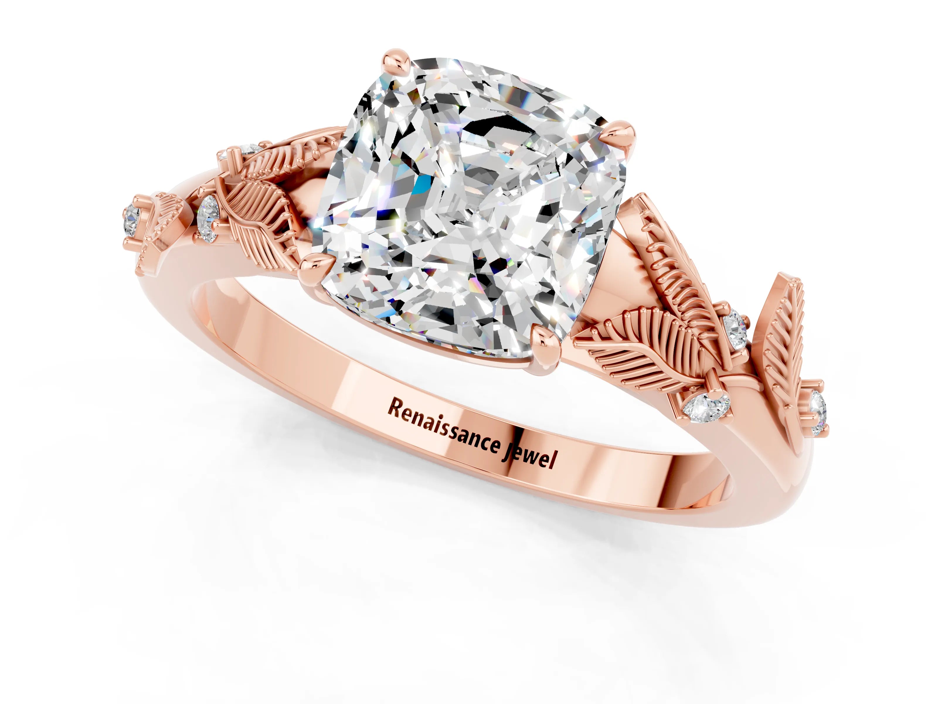 Rose gold Cushion Cut Moissanite Solitaire Ring with Leaf Motif Band and Four-Prong Setting_1