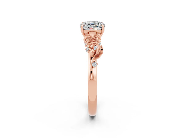 Rose gold Cushion Cut Moissanite Solitaire Ring with Leaf Motif Band and Four-Prong Setting