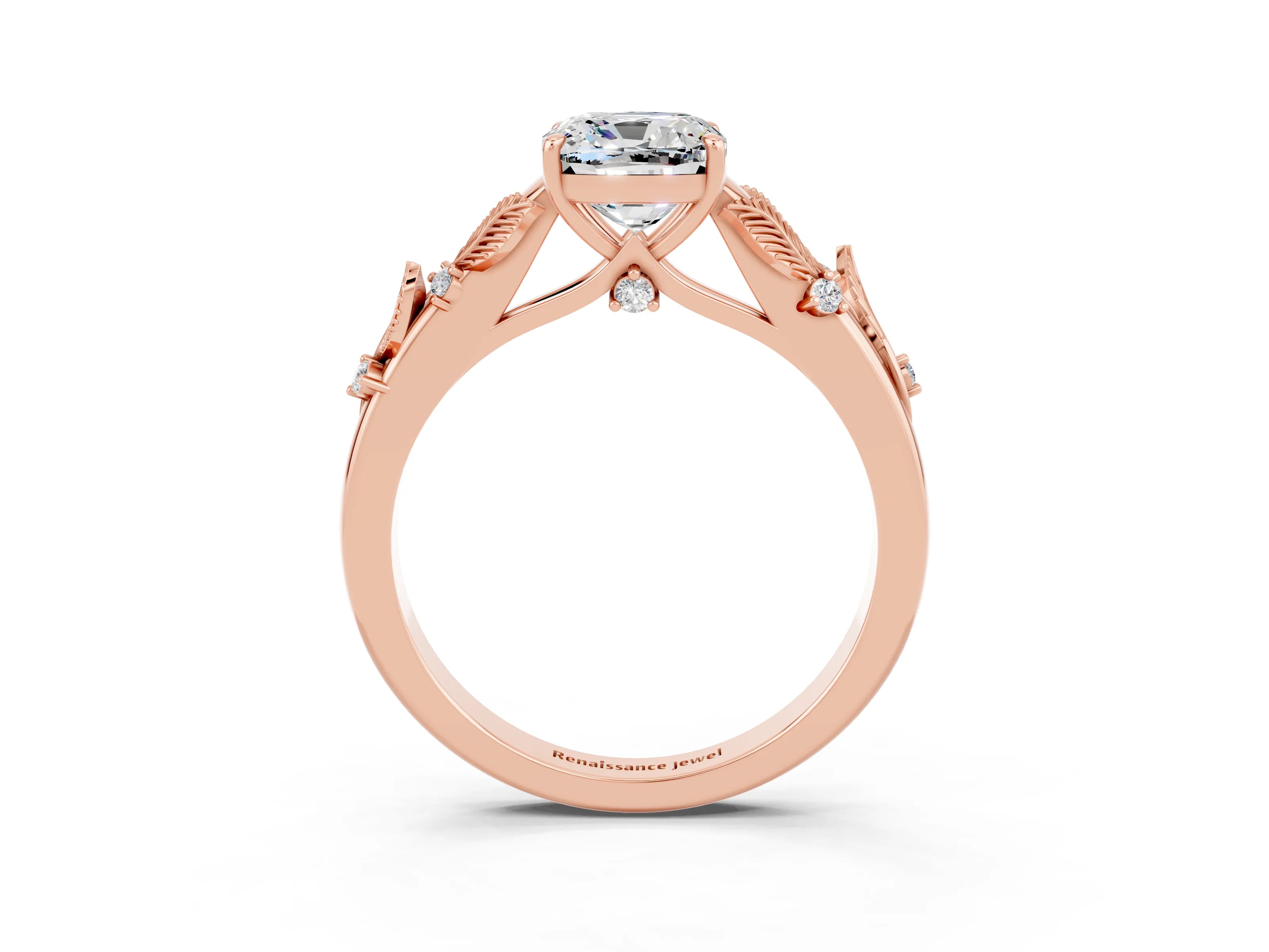 Rose gold Cushion Cut Moissanite Solitaire Ring with Leaf Motif Band and Four-Prong Setting_3