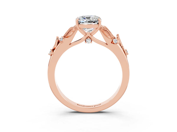 Rose gold Cushion Cut Moissanite Solitaire Ring with Leaf Motif Band and Four-Prong Setting