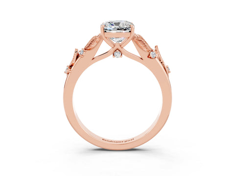 Rose gold Cushion Cut Moissanite Solitaire Ring with Leaf Motif Band and Four-Prong Setting_3
