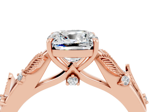 Rose gold Cushion Cut Moissanite Solitaire Ring with Leaf Motif Band and Four-Prong Setting_4