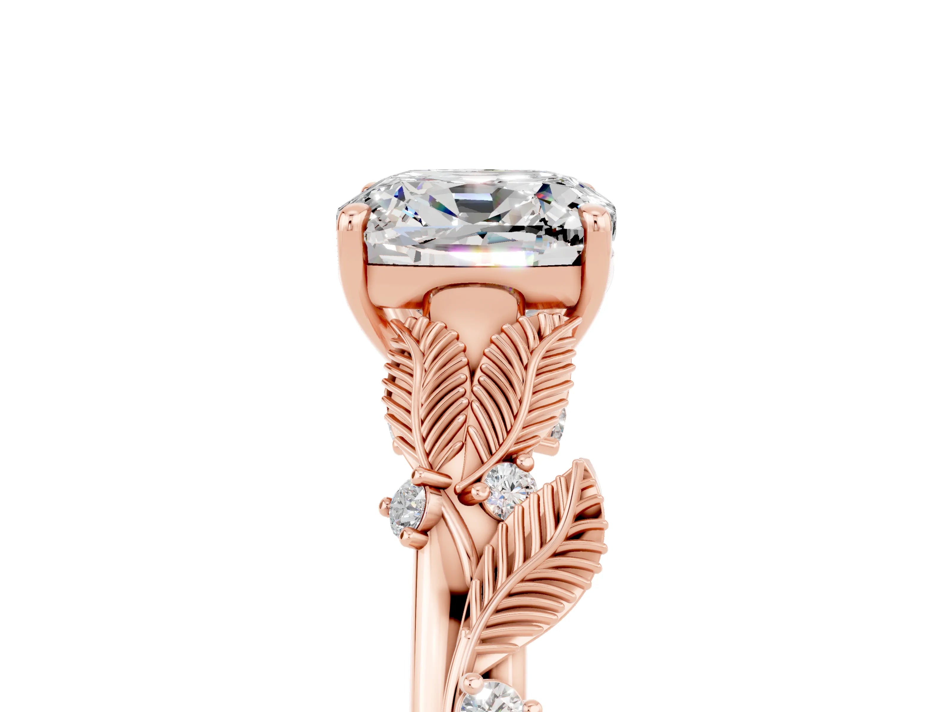 Rose gold Cushion Cut Moissanite Solitaire Ring with Leaf Motif Band and Four-Prong Setting_5