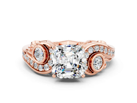 Rose gold Cushion Cut Moissanite Solitaire Ring with Milgrain Pavé Band and Four-Prong Setting_24