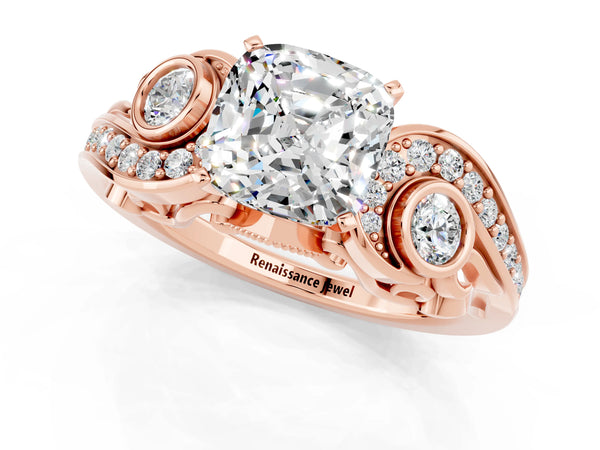 Rose gold Cushion Cut Moissanite Solitaire Ring with Milgrain Pavé Band and Four-Prong Setting