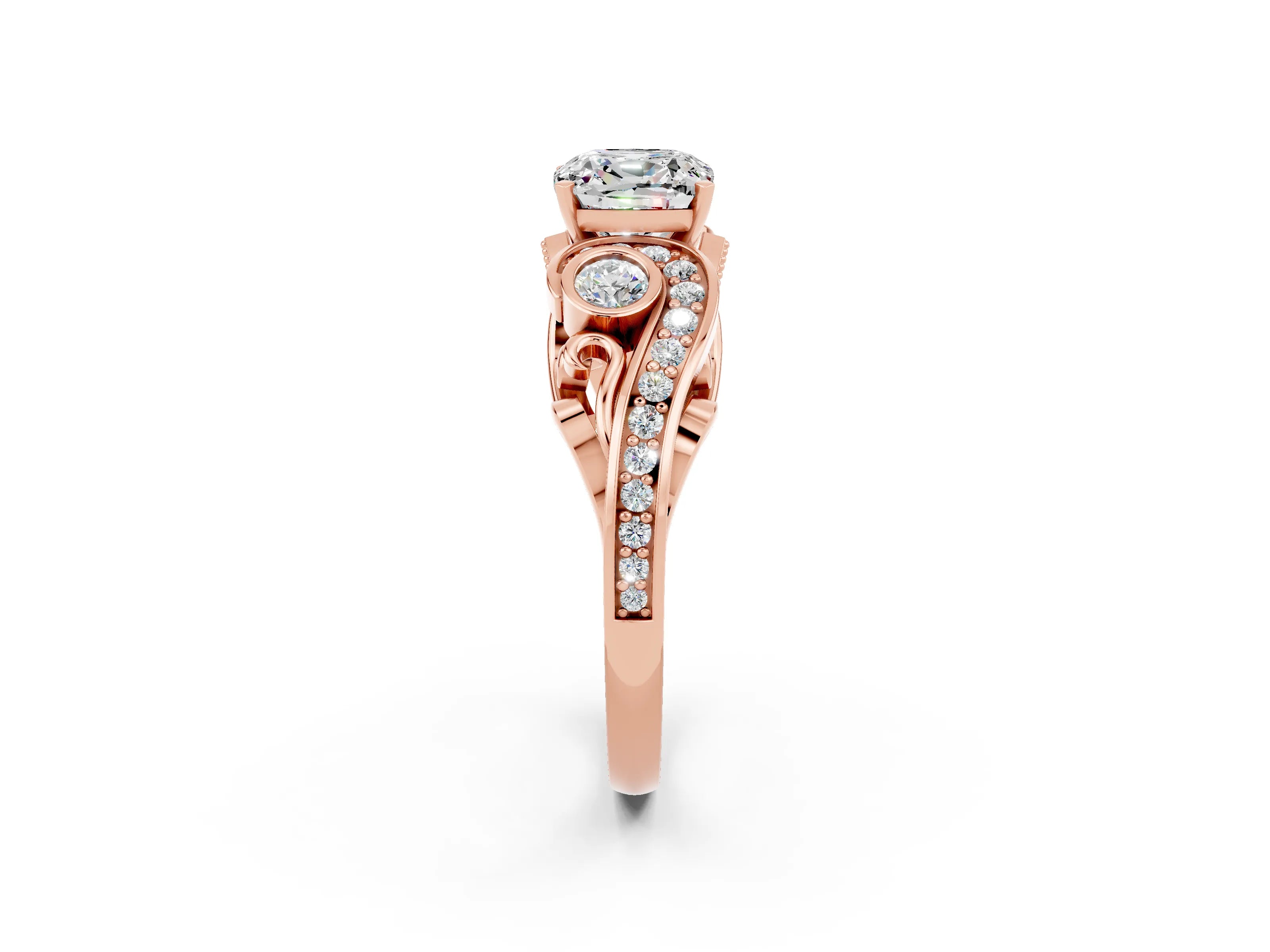 Rose gold Cushion Cut Moissanite Solitaire Ring with Milgrain Pavé Band and Four-Prong Setting_26