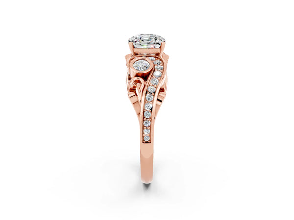 Rose gold Cushion Cut Moissanite Solitaire Ring with Milgrain Pavé Band and Four-Prong Setting