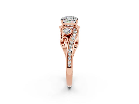 Rose gold Cushion Cut Moissanite Solitaire Ring with Milgrain Pavé Band and Four-Prong Setting_26
