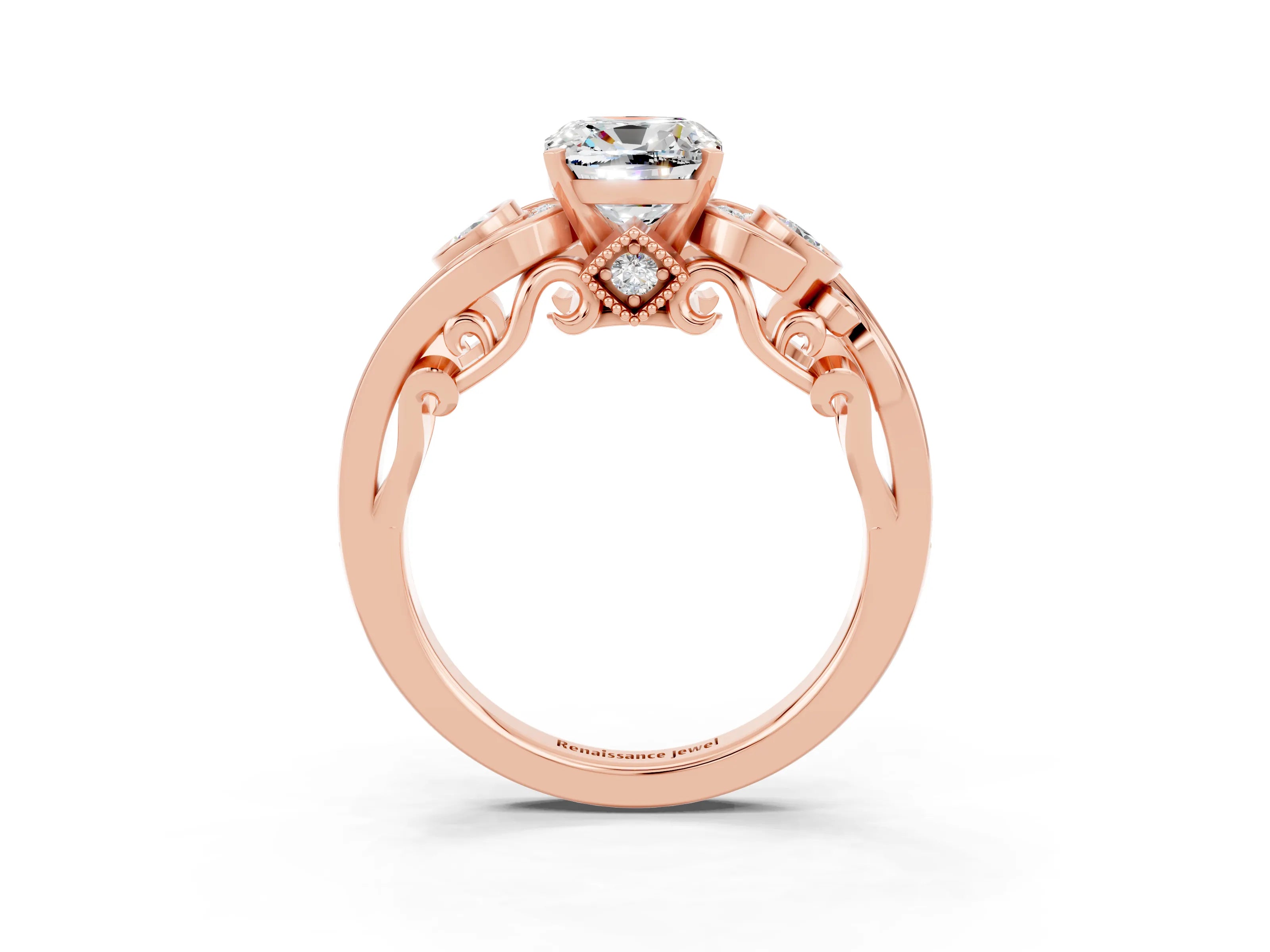 Rose gold Cushion Cut Moissanite Solitaire Ring with Milgrain Pavé Band and Four-Prong Setting_27